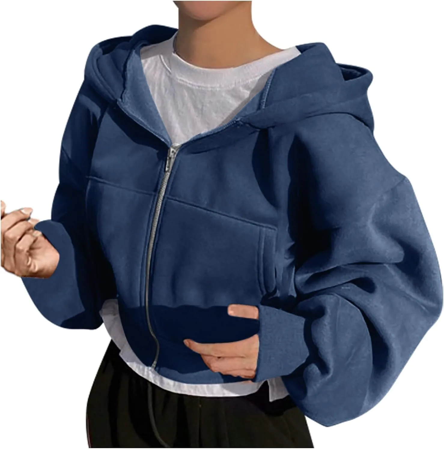 Women Cropped Zip Up Hoodie Oversized Sweatshirt Long Sleeve Trendy Teen Girls Y2K Clothes Loose Athletic Workout Top