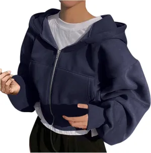 Women Cropped Zip Up Hoodie Oversized Sweatshirt Long Sleeve Trendy Teen Girls Y2K Clothes Loose Athletic Workout Top