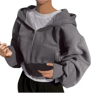 Women Cropped Zip Up Hoodie Oversized Sweatshirt Long Sleeve Trendy Teen Girls Y2K Clothes Loose Athletic Workout Top