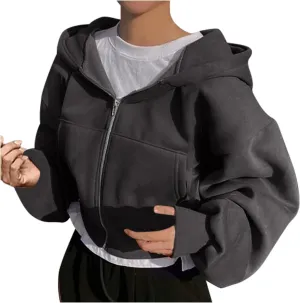 Women Cropped Zip Up Hoodie Oversized Sweatshirt Long Sleeve Trendy Teen Girls Y2K Clothes Loose Athletic Workout Top