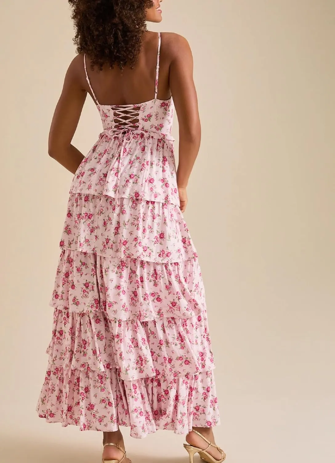 Women Cute Boho Flowy Maxi Dress Spaghetti Strap V Neck Smocked Long Dress Y2K Patchwork Floral Beach Sundress