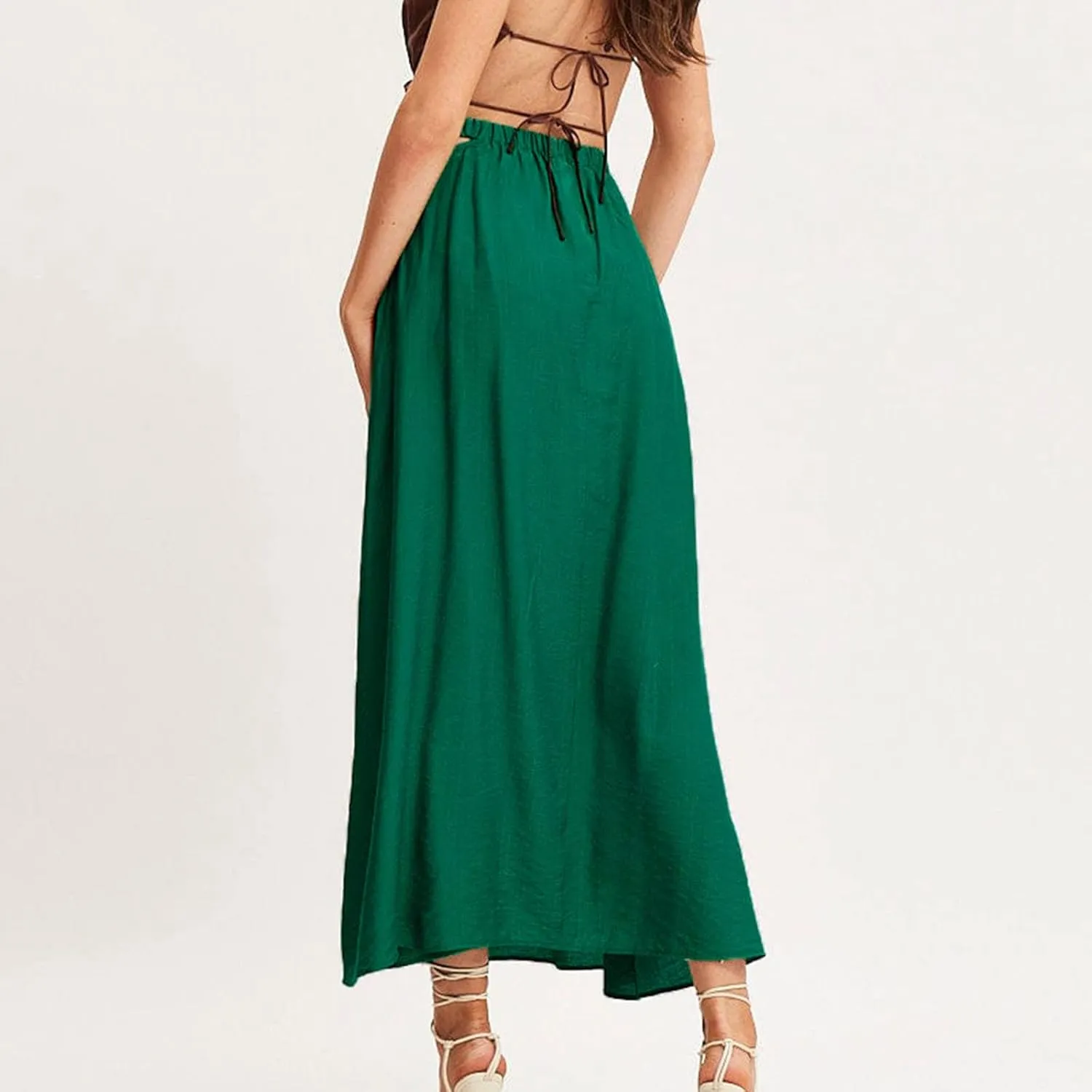 Women Cutout High Waist Midi Skirt Summer Casual Pleated A-Line Skirts Lightweight Flowy Solid Beach Long Skirt