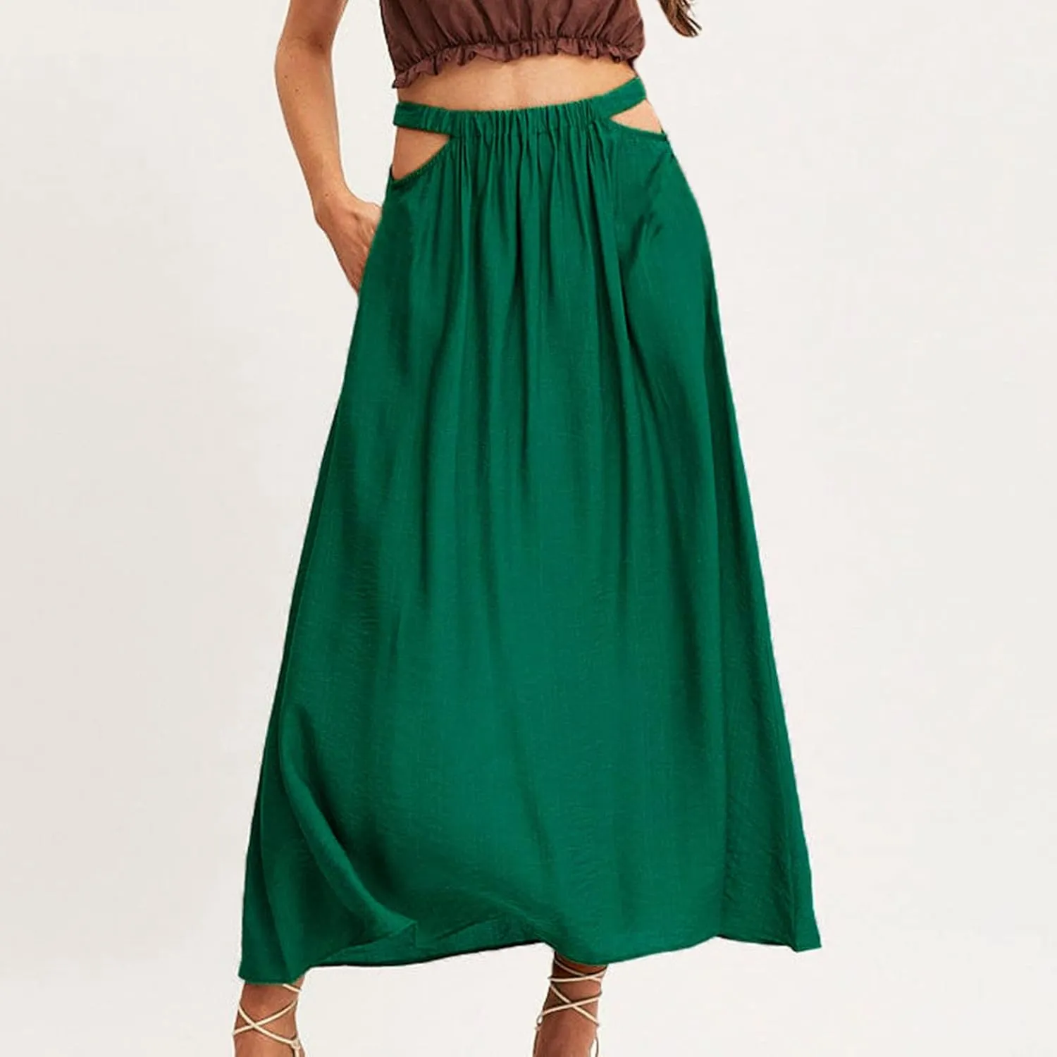 Women Cutout High Waist Midi Skirt Summer Casual Pleated A-Line Skirts Lightweight Flowy Solid Beach Long Skirt