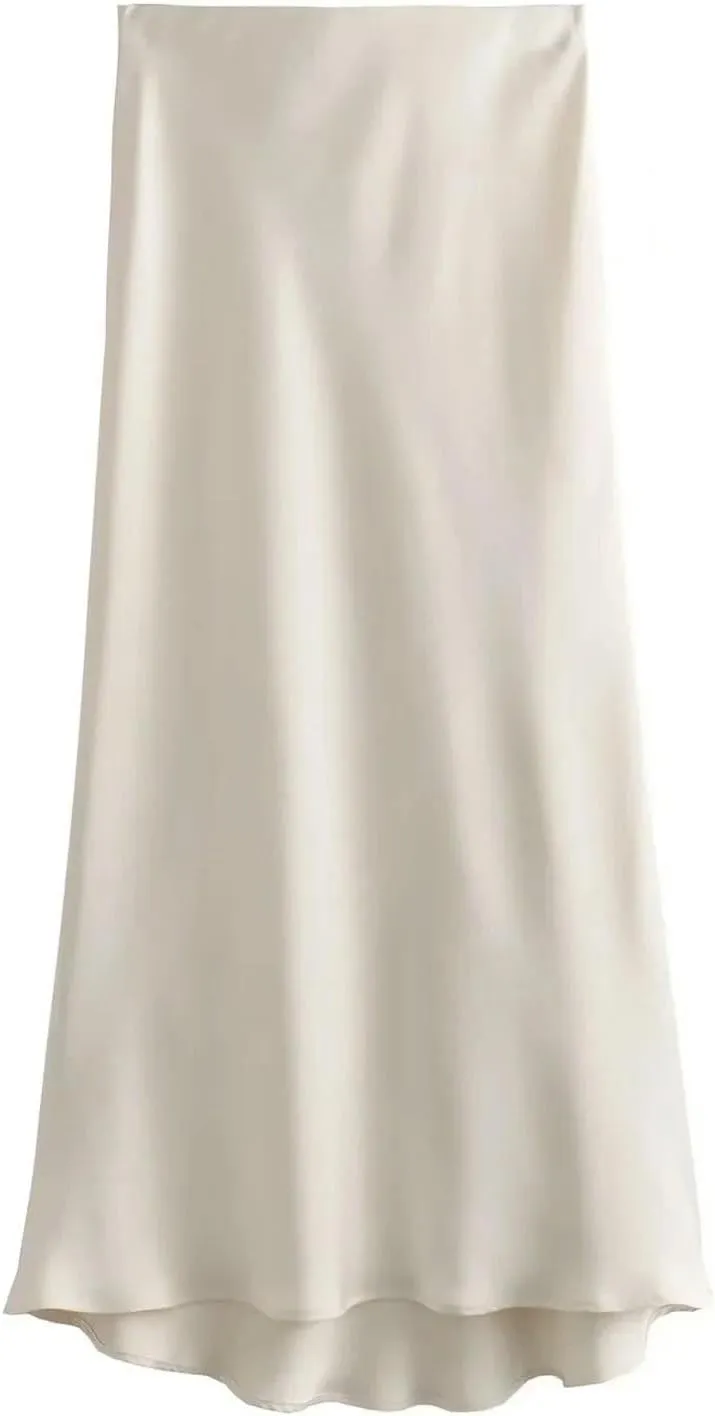 Women Elegant Solid Satin Long Skirt Chic Y2K High Waist Slim Skirts Female Fashion Silk Texture Ladies Tight Midi Skirt