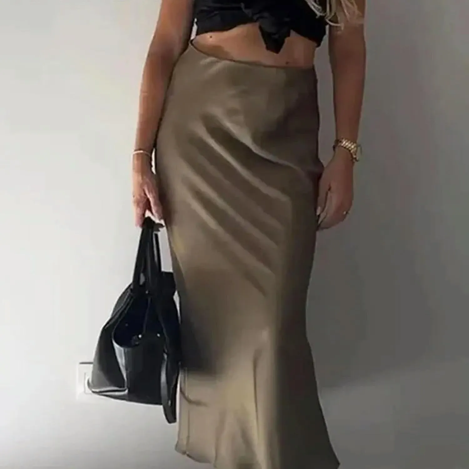 Women Elegant Solid Satin Long Skirt Chic Y2K High Waist Slim Skirts Female Fashion Silk Texture Ladies Tight Midi Skirt