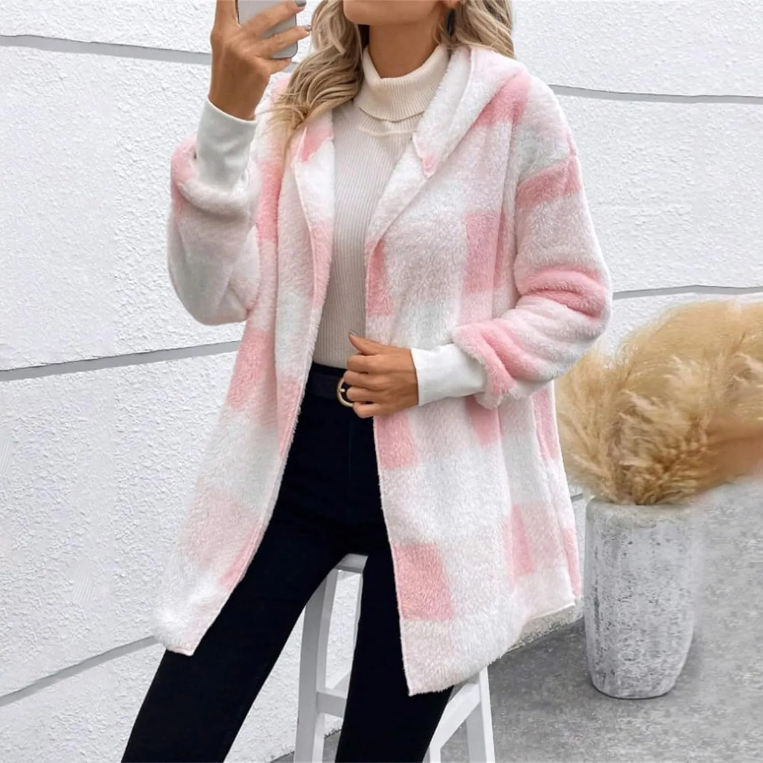 Women Fleece Jacket Fall Plaid Sherpa Jacket Open Front Flannel Hooded Cardigan Teddy Bear Coat with Pocket Outerwear