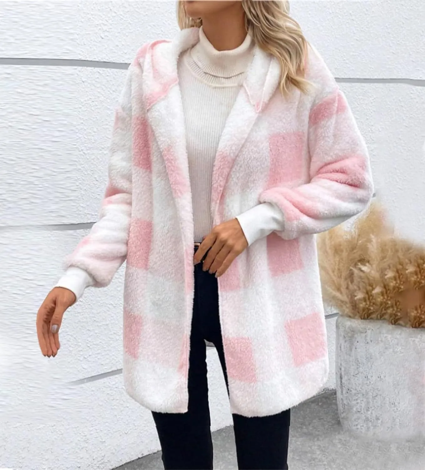 Women Fleece Jacket Fall Plaid Sherpa Jacket Open Front Flannel Hooded Cardigan Teddy Bear Coat with Pocket Outerwear