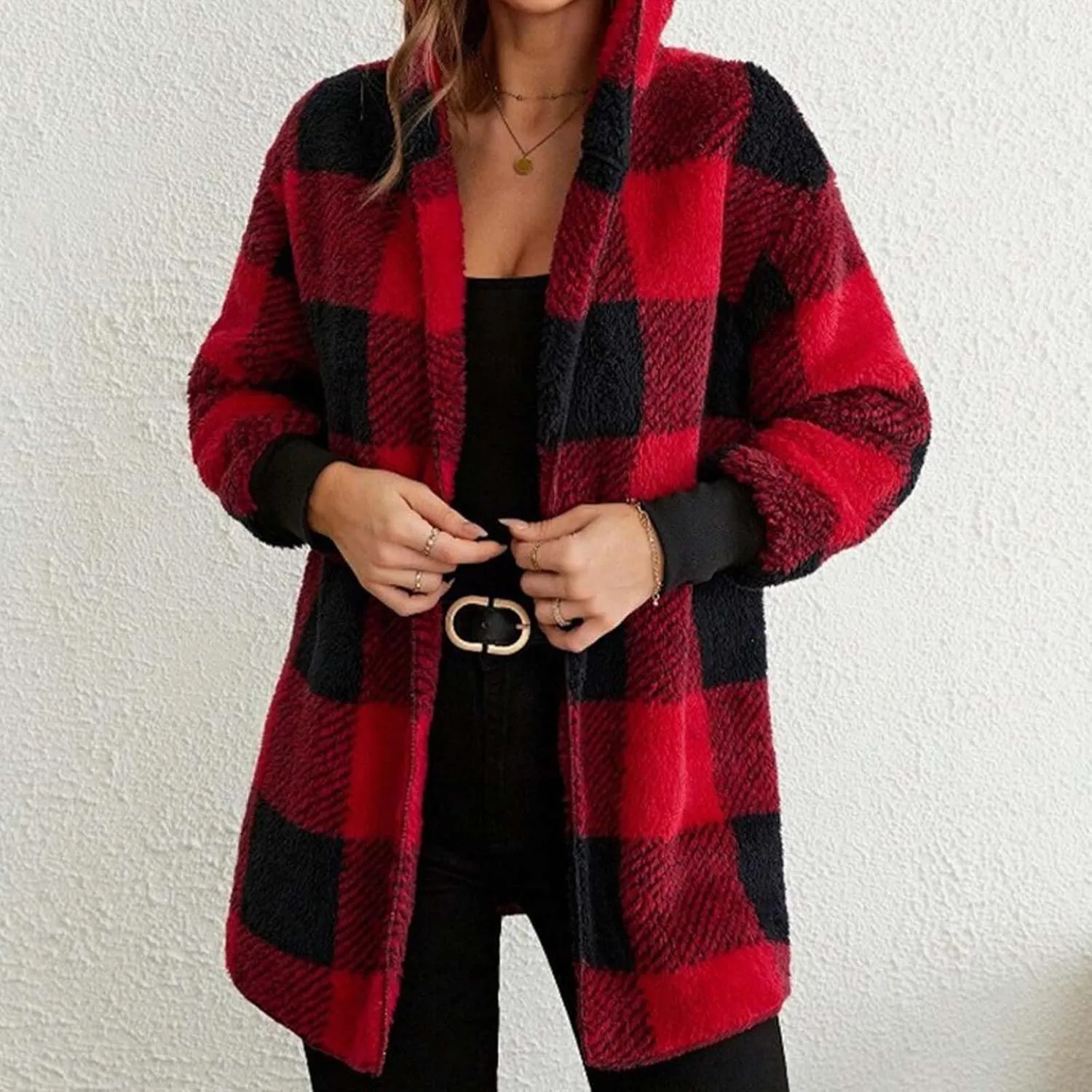 Women Fleece Jacket Fall Plaid Sherpa Jacket Open Front Flannel Hooded Cardigan Teddy Bear Coat with Pocket Outerwear