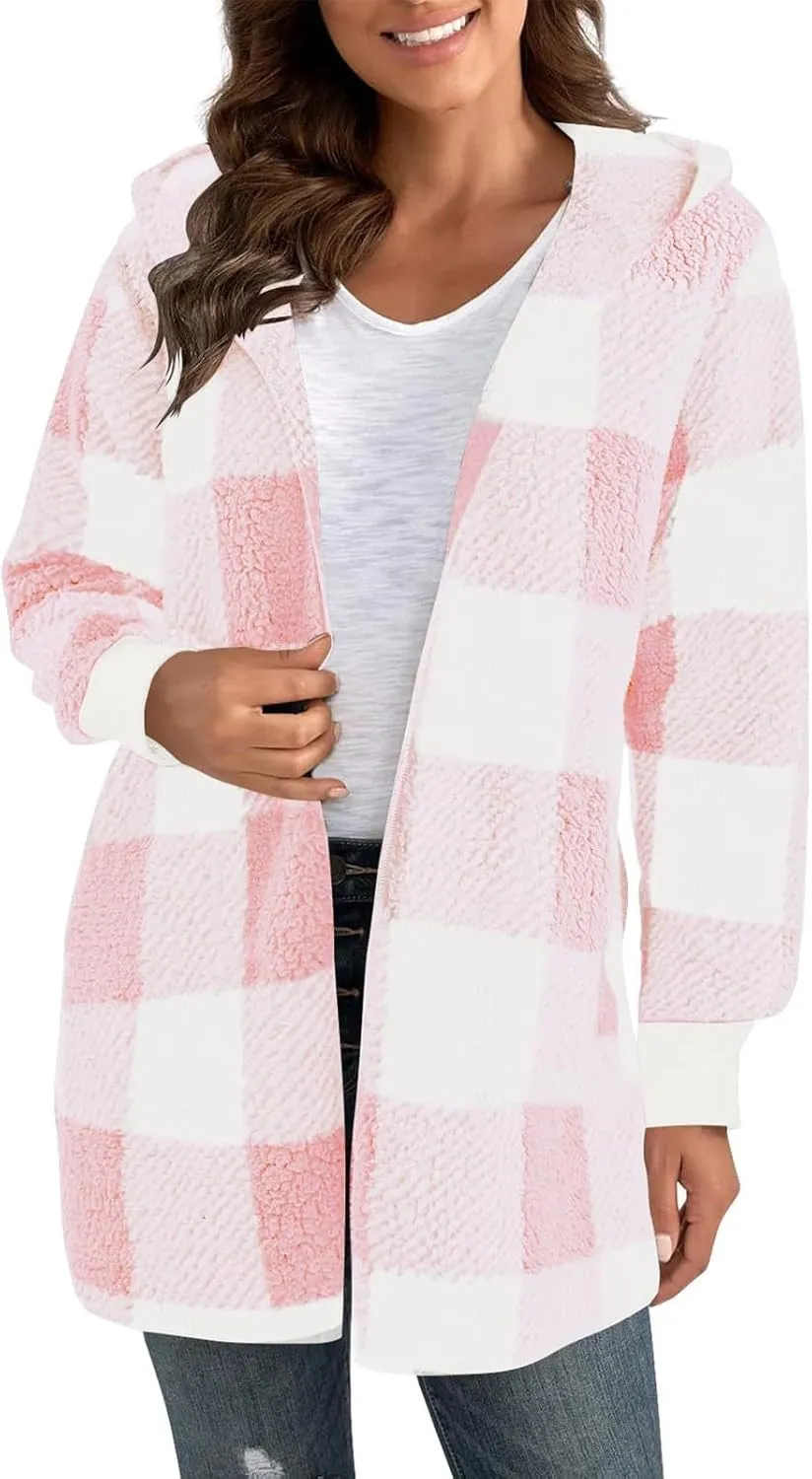 Women Fleece Jacket Fall Plaid Sherpa Jacket Open Front Flannel Hooded Cardigan Teddy Bear Coat with Pocket Outerwear