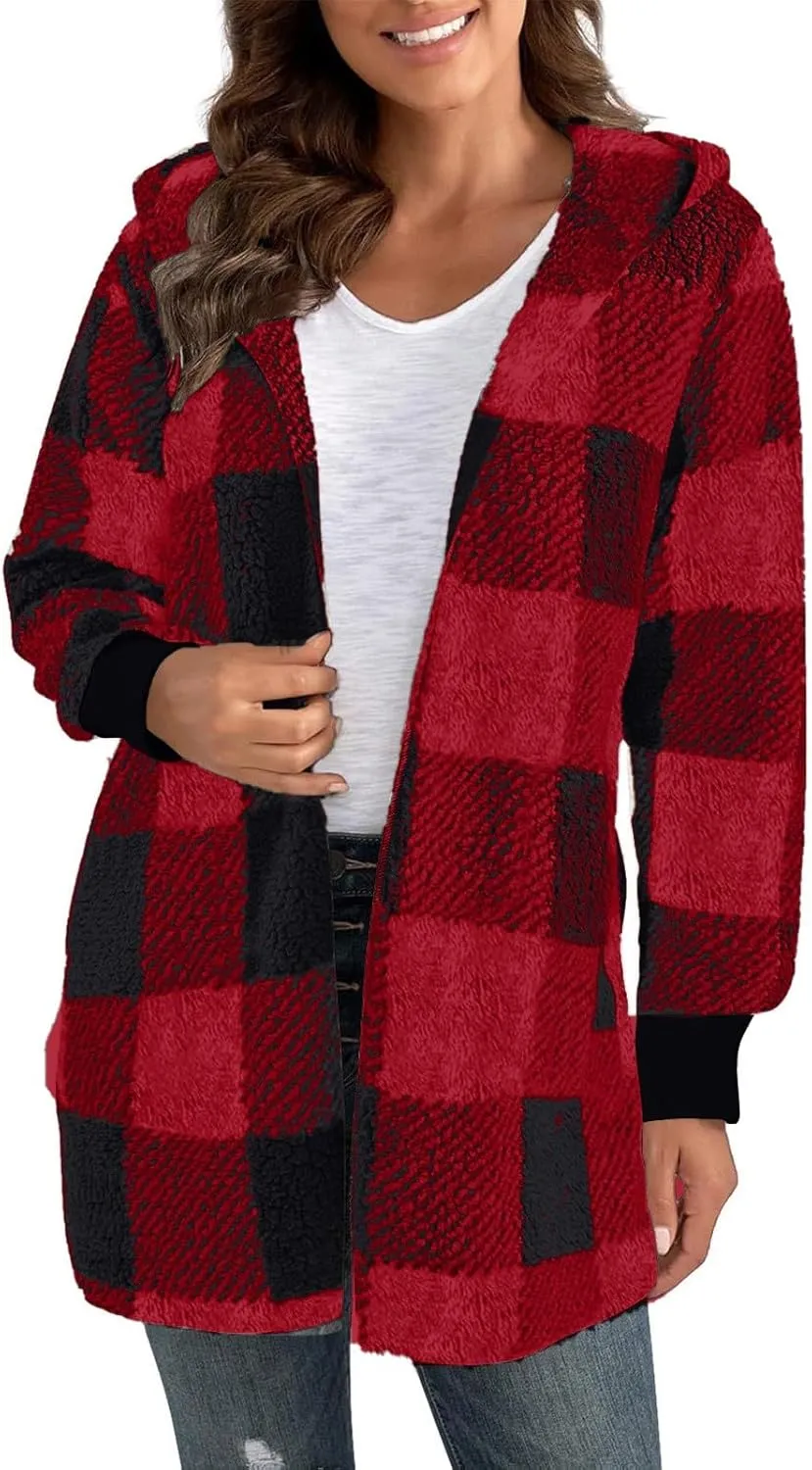 Women Fleece Jacket Fall Plaid Sherpa Jacket Open Front Flannel Hooded Cardigan Teddy Bear Coat with Pocket Outerwear