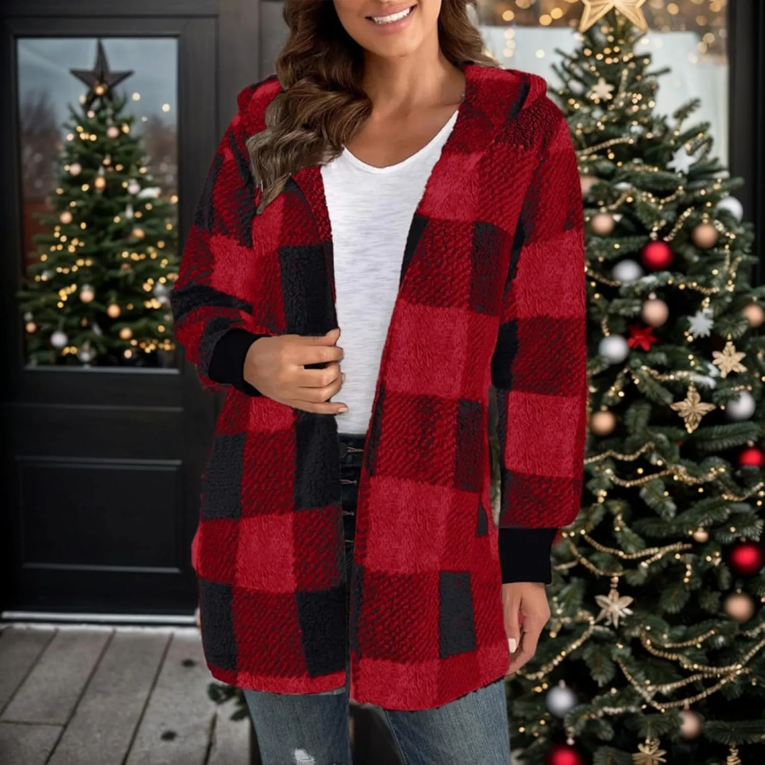 Women Fleece Jacket Fall Plaid Sherpa Jacket Open Front Flannel Hooded Cardigan Teddy Bear Coat with Pocket Outerwear
