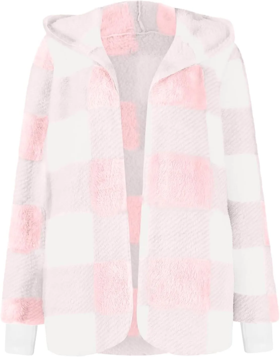 Women Fleece Jacket Fall Plaid Sherpa Jacket Open Front Flannel Hooded Cardigan Teddy Bear Coat with Pocket Outerwear