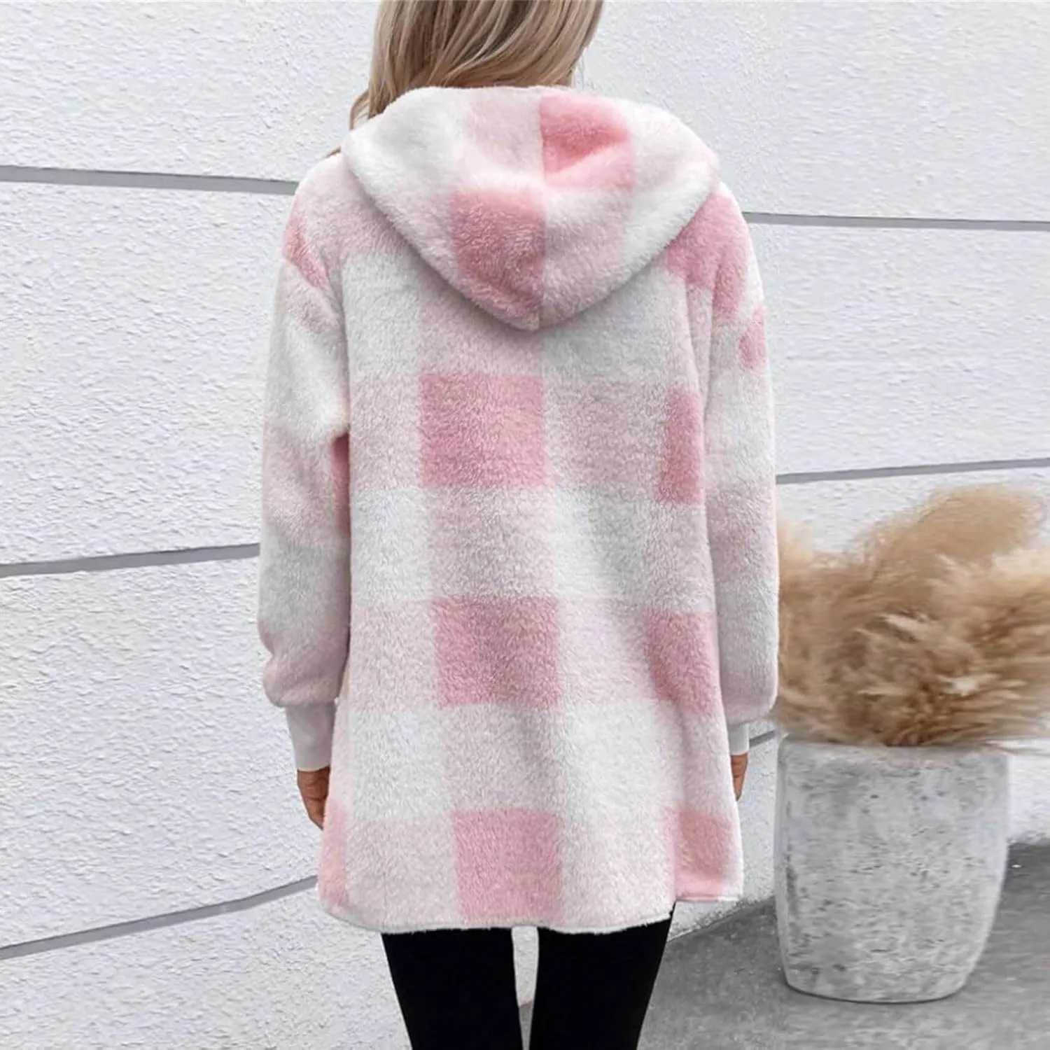 Women Fleece Jacket Fall Plaid Sherpa Jacket Open Front Flannel Hooded Cardigan Teddy Bear Coat with Pocket Outerwear