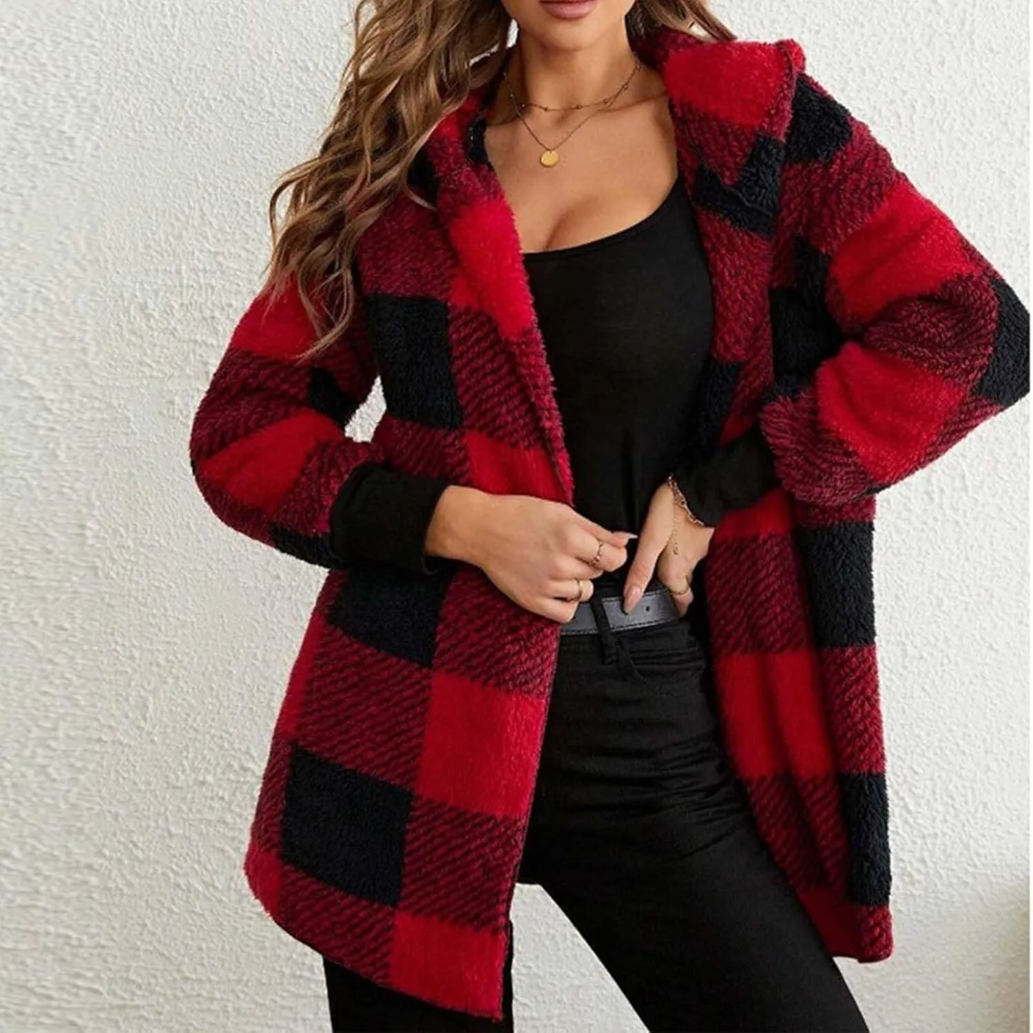 Women Fleece Jacket Fall Plaid Sherpa Jacket Open Front Flannel Hooded Cardigan Teddy Bear Coat with Pocket Outerwear