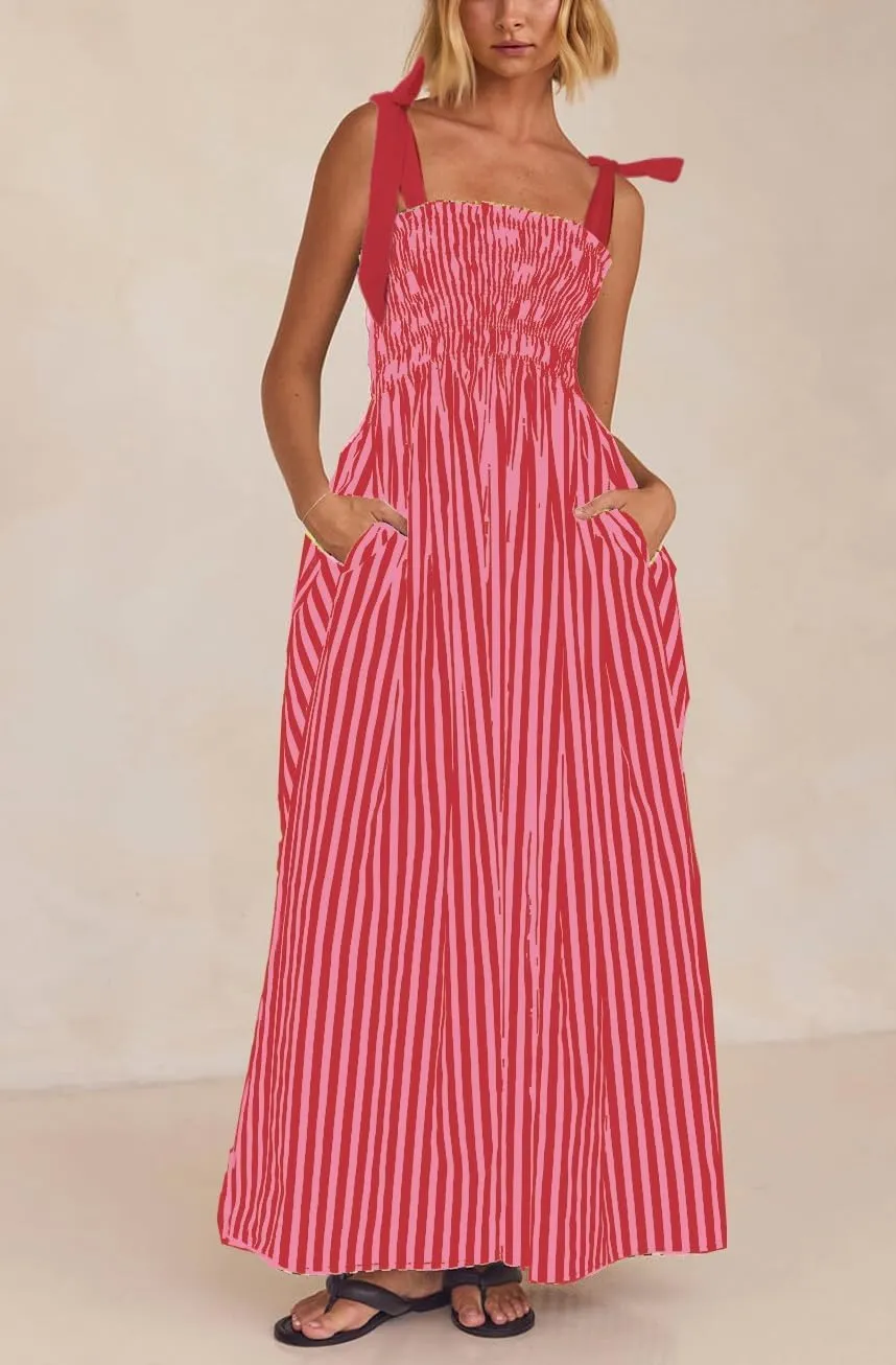 Women Floral Boho Tie Shoulder Beach Maxi Dress Vintage Flower Smocked Flowy Dress Tiered Summer Vocation Sundress