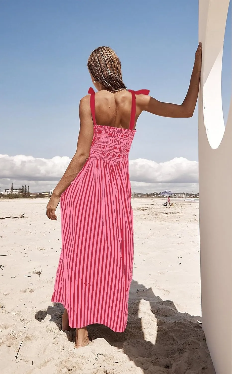 Women Floral Boho Tie Shoulder Beach Maxi Dress Vintage Flower Smocked Flowy Dress Tiered Summer Vocation Sundress