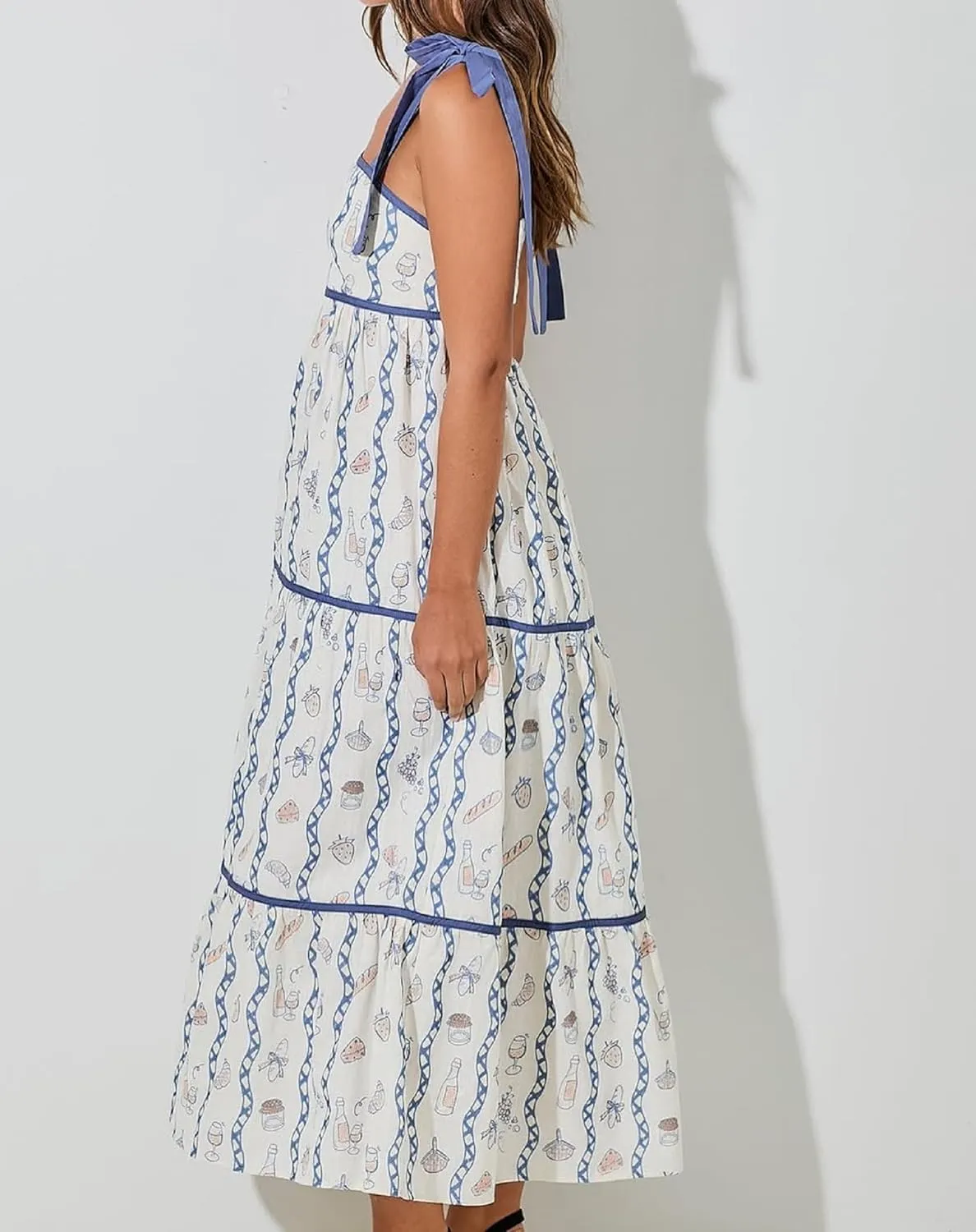 Women Floral Boho Tie Shoulder Beach Maxi Dress Vintage Flower Smocked Flowy Dress Tiered Summer Vocation Sundress