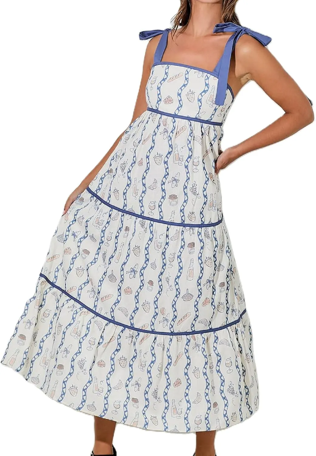 Women Floral Boho Tie Shoulder Beach Maxi Dress Vintage Flower Smocked Flowy Dress Tiered Summer Vocation Sundress