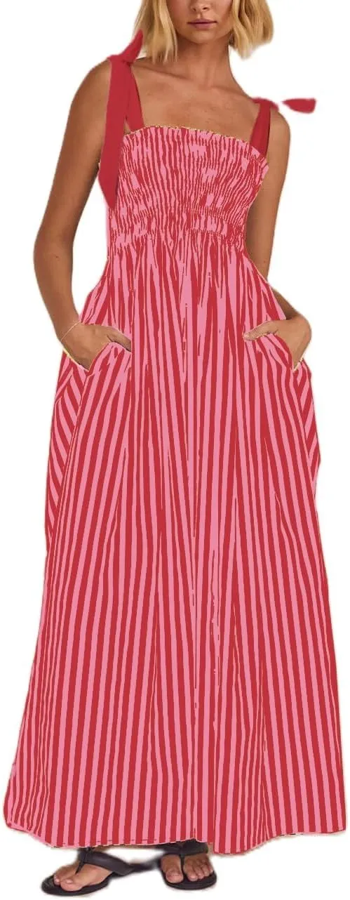 Women Floral Boho Tie Shoulder Beach Maxi Dress Vintage Flower Smocked Flowy Dress Tiered Summer Vocation Sundress