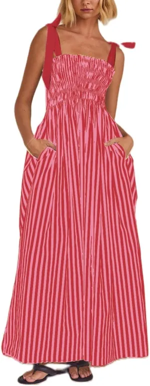 Women Floral Boho Tie Shoulder Beach Maxi Dress Vintage Flower Smocked Flowy Dress Tiered Summer Vocation Sundress