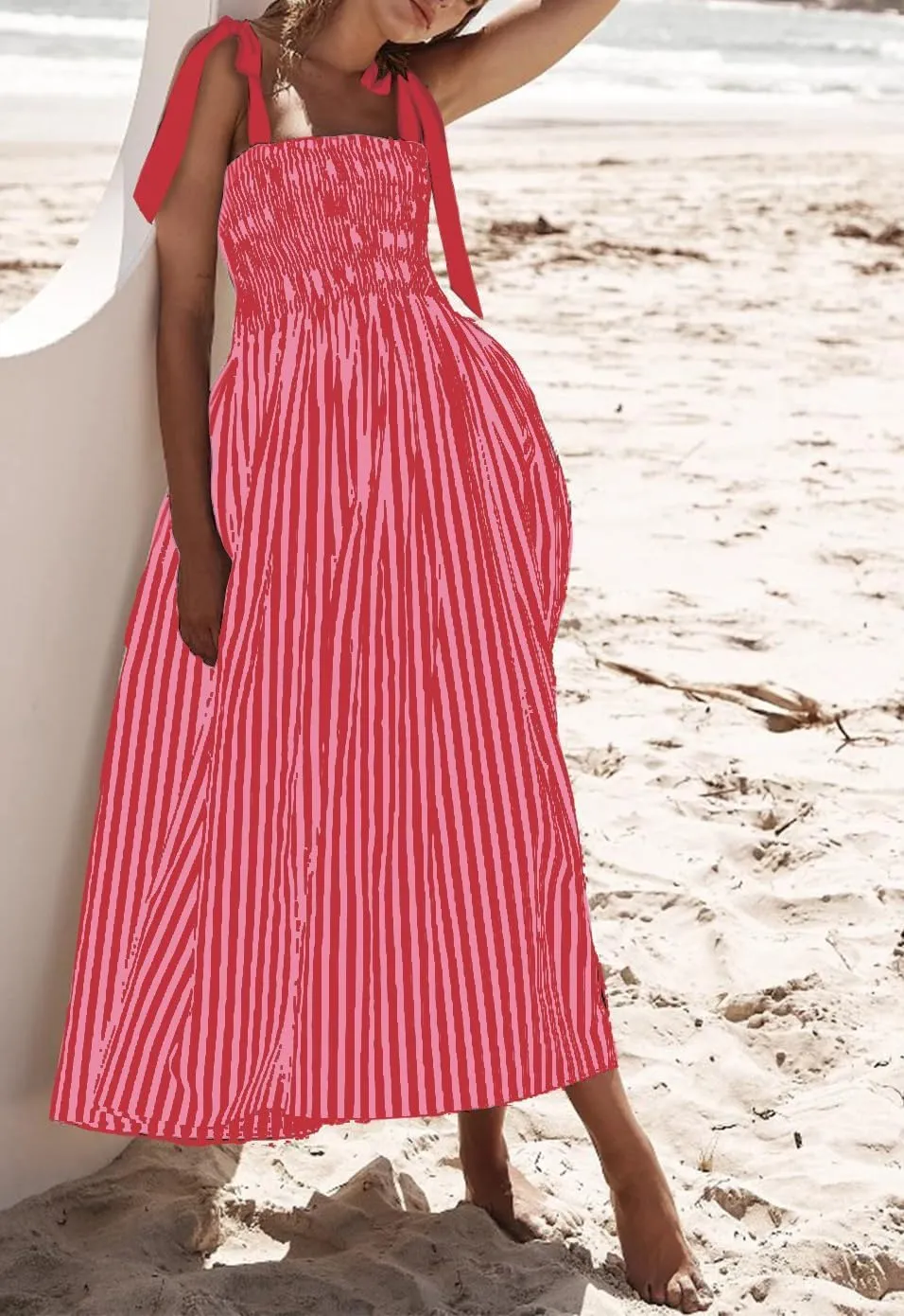 Women Floral Boho Tie Shoulder Beach Maxi Dress Vintage Flower Smocked Flowy Dress Tiered Summer Vocation Sundress