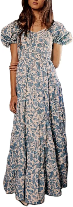 Women Floral Patchwork Puff Sleeve Maxi Dress Boho Square Neck Smocked Flowy Dress Y2k Tiered Ruffle Beach Sundress