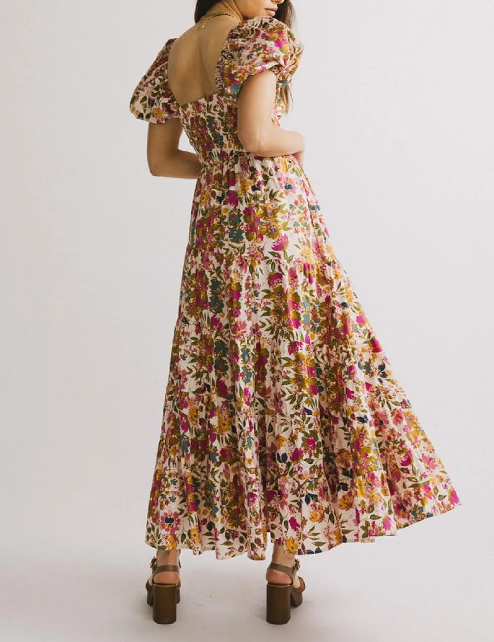 Women Floral Patchwork Puff Sleeve Maxi Dress Boho Square Neck Smocked Flowy Dress Y2k Tiered Ruffle Beach Sundress