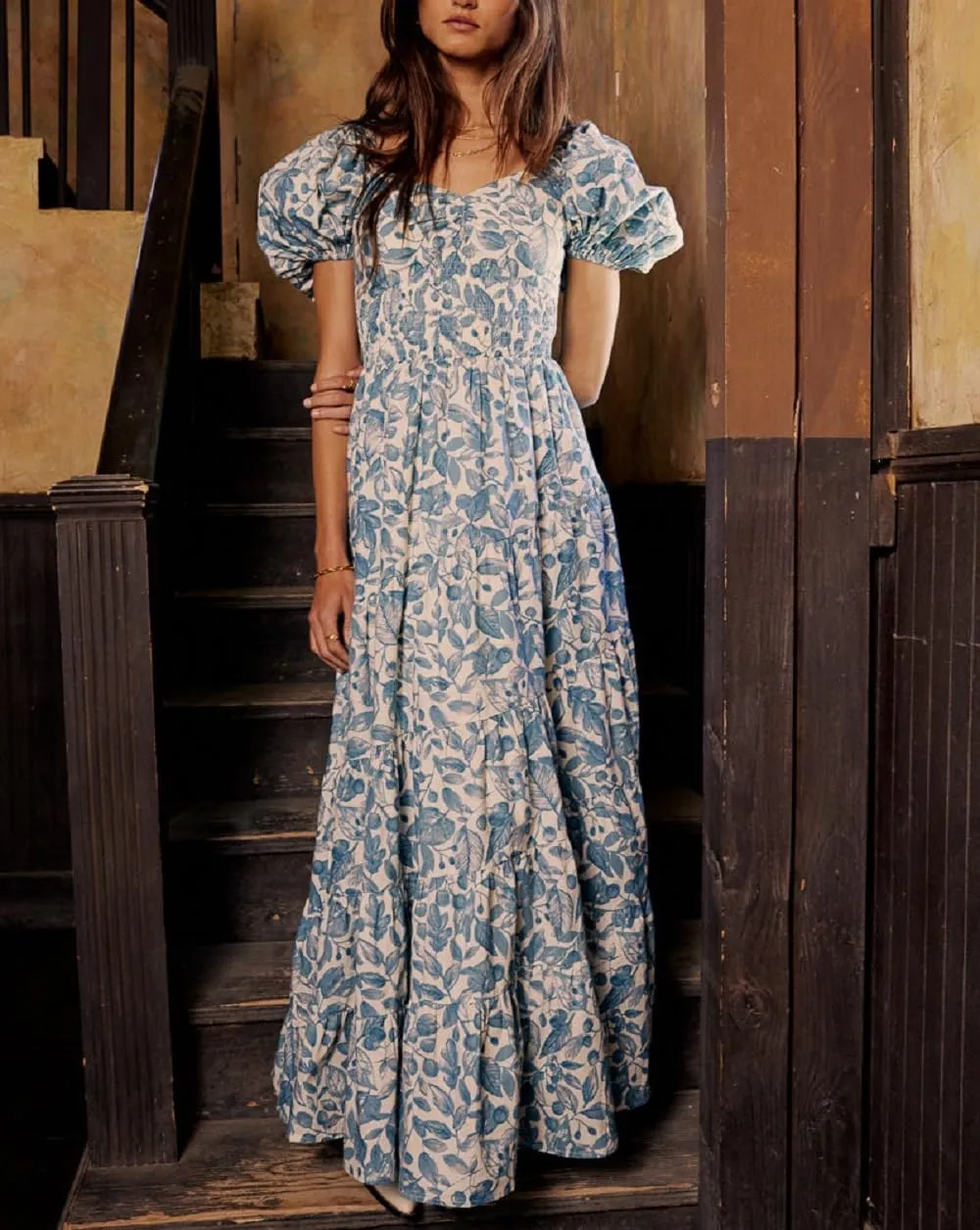 Women Floral Patchwork Puff Sleeve Maxi Dress Boho Square Neck Smocked Flowy Dress Y2k Tiered Ruffle Beach Sundress