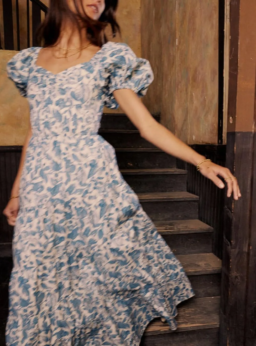 Women Floral Patchwork Puff Sleeve Maxi Dress Boho Square Neck Smocked Flowy Dress Y2k Tiered Ruffle Beach Sundress