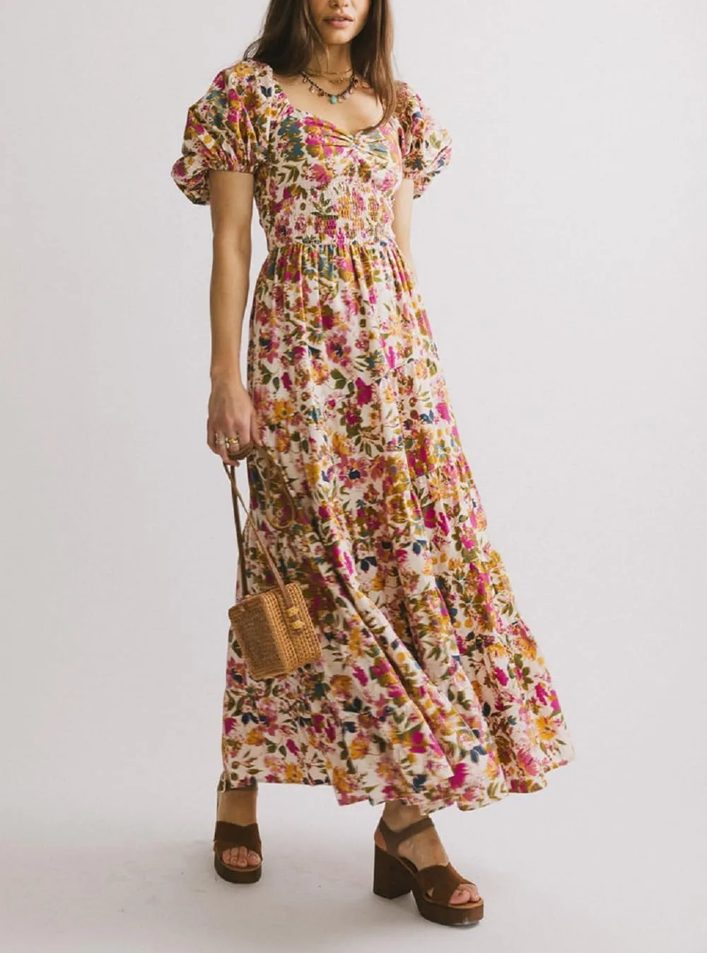 Women Floral Patchwork Puff Sleeve Maxi Dress Boho Square Neck Smocked Flowy Dress Y2k Tiered Ruffle Beach Sundress