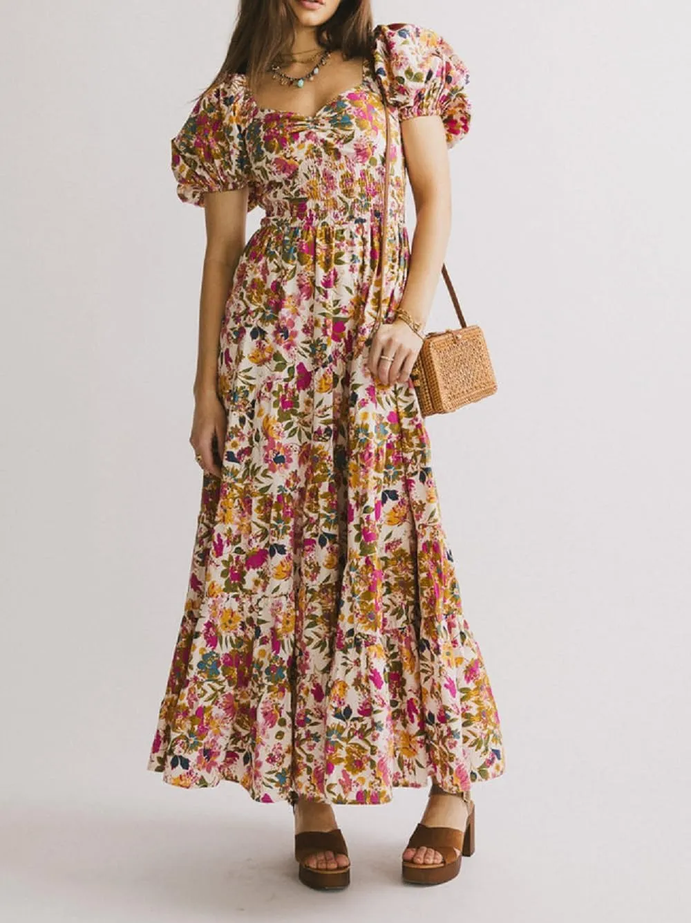 Women Floral Patchwork Puff Sleeve Maxi Dress Boho Square Neck Smocked Flowy Dress Y2k Tiered Ruffle Beach Sundress