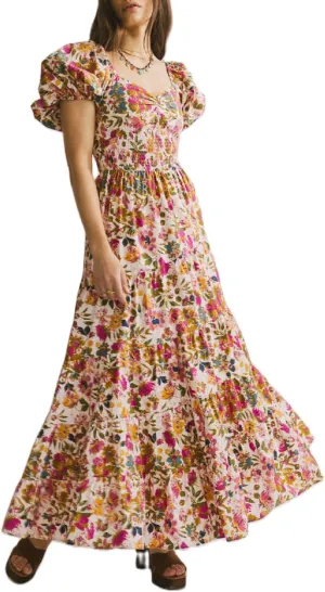 Women Floral Patchwork Puff Sleeve Maxi Dress Boho Square Neck Smocked Flowy Dress Y2k Tiered Ruffle Beach Sundress