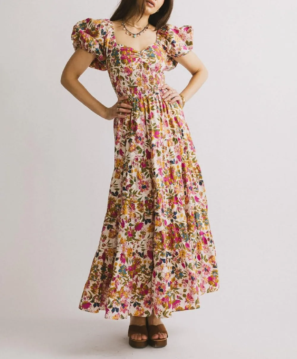 Women Floral Patchwork Puff Sleeve Maxi Dress Boho Square Neck Smocked Flowy Dress Y2k Tiered Ruffle Beach Sundress