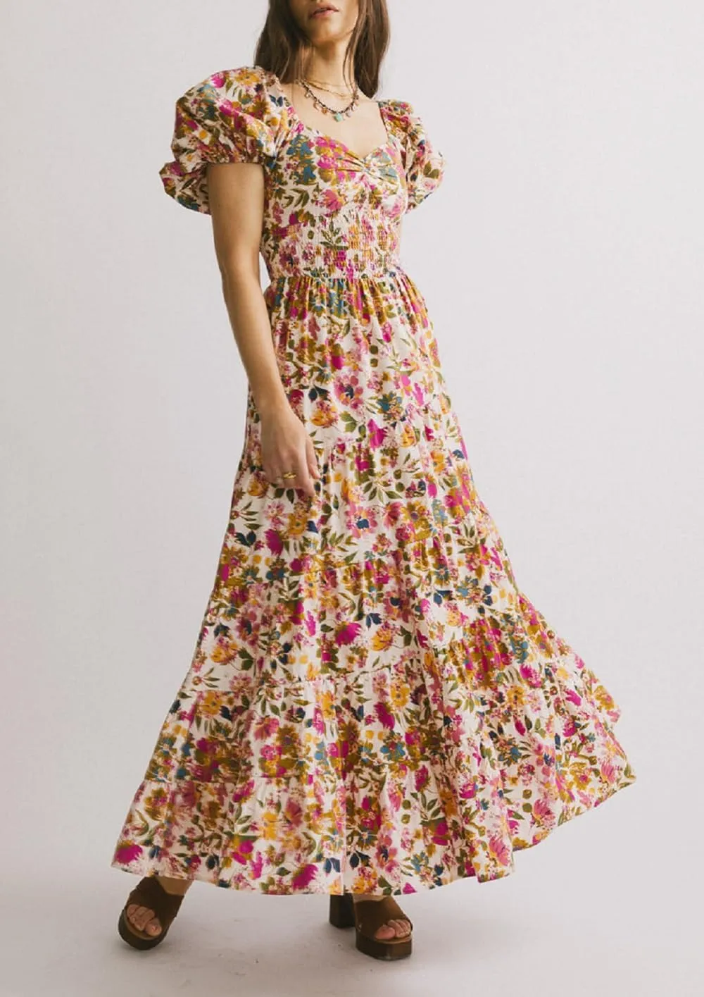 Women Floral Patchwork Puff Sleeve Maxi Dress Boho Square Neck Smocked Flowy Dress Y2k Tiered Ruffle Beach Sundress