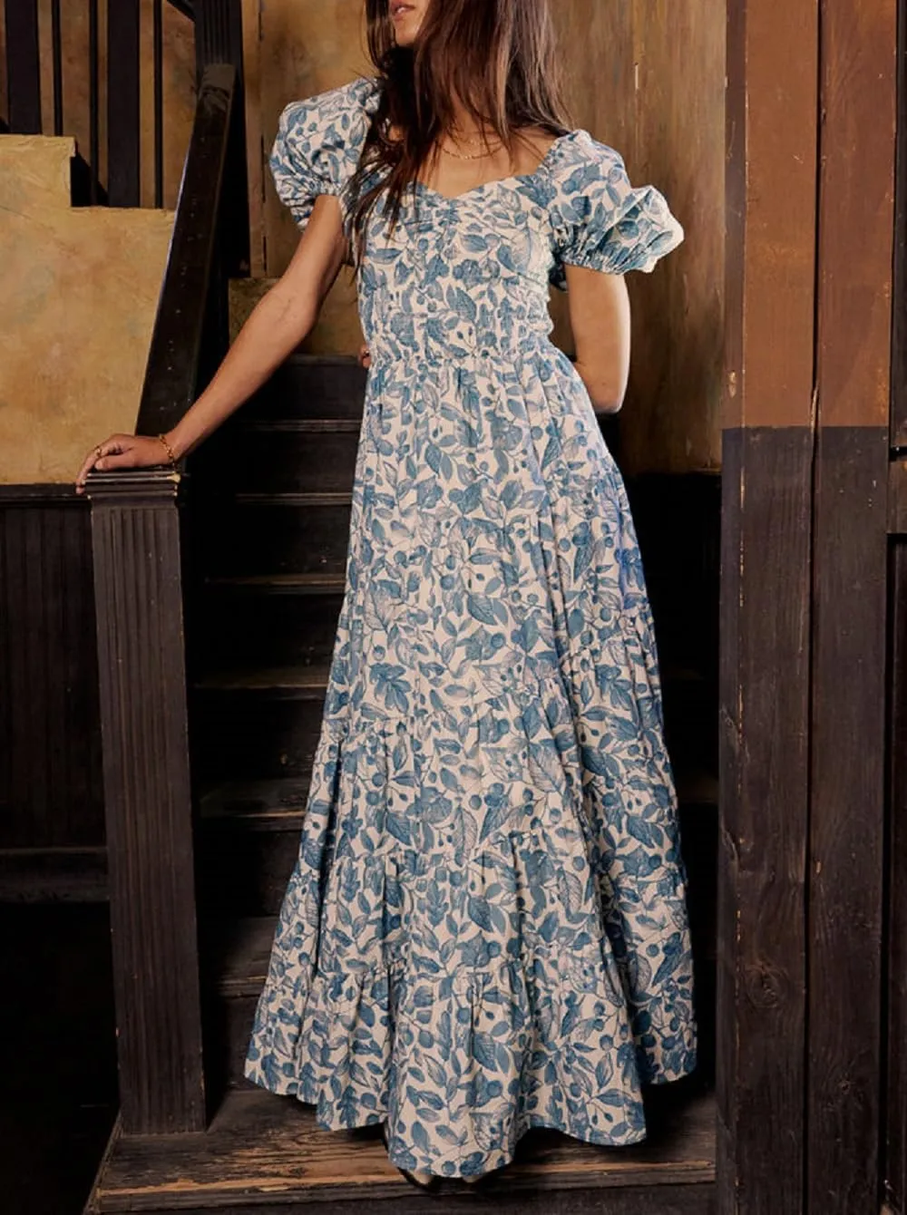 Women Floral Patchwork Puff Sleeve Maxi Dress Boho Square Neck Smocked Flowy Dress Y2k Tiered Ruffle Beach Sundress