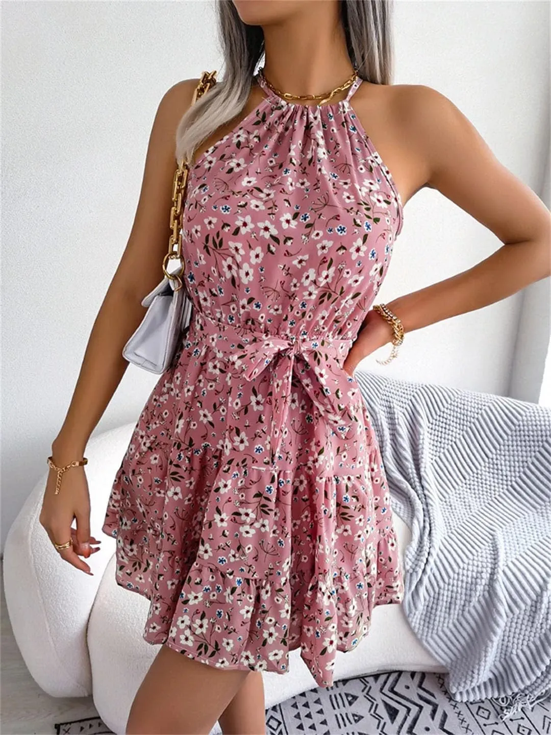 Women Floral Print Mini Dress with Flounced Edge Party Casual Style Bohemian Dress
