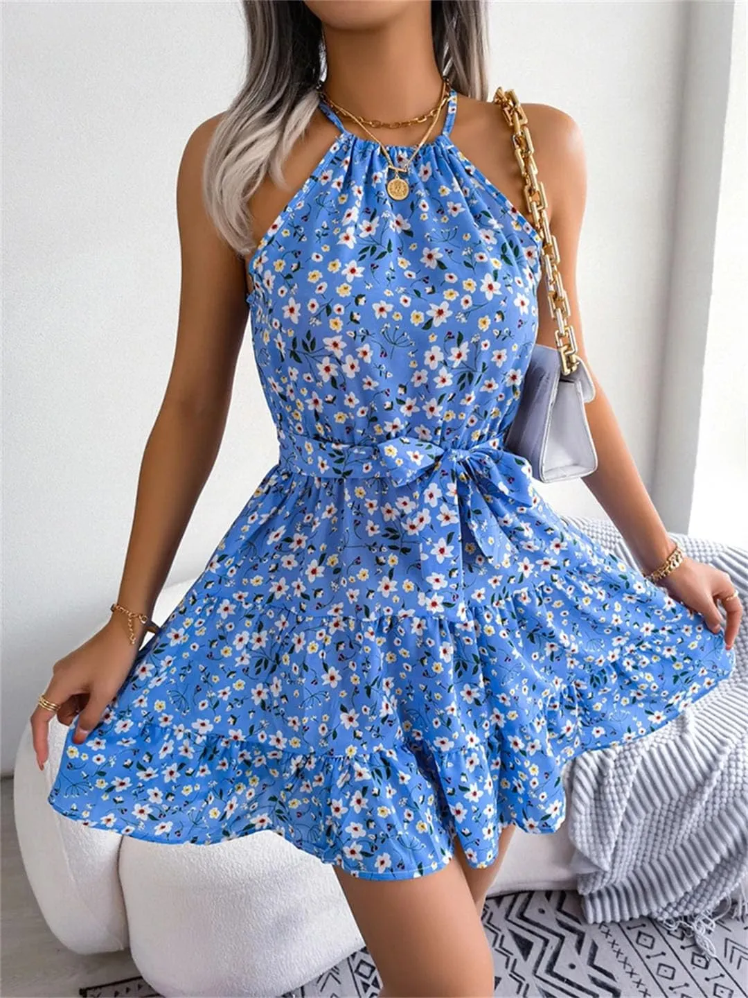 Women Floral Print Mini Dress with Flounced Edge Party Casual Style Bohemian Dress