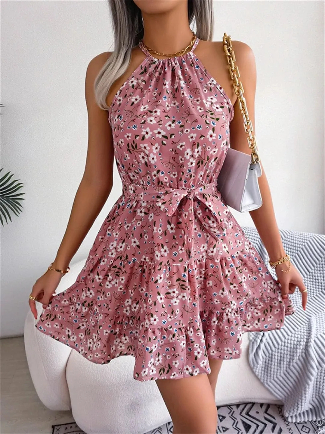 Women Floral Print Mini Dress with Flounced Edge Party Casual Style Bohemian Dress