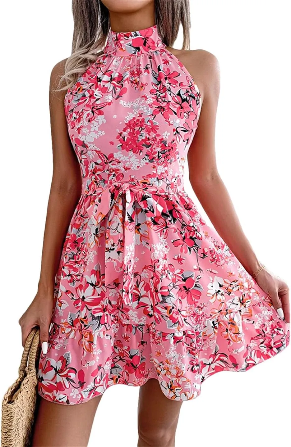 Women Floral Print Off Shoulder Mini Dress with Sashes Beach Casual Style Bohemian Dress