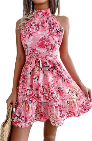 Women Floral Print Off Shoulder Mini Dress with Sashes Beach Casual Style Bohemian Dress