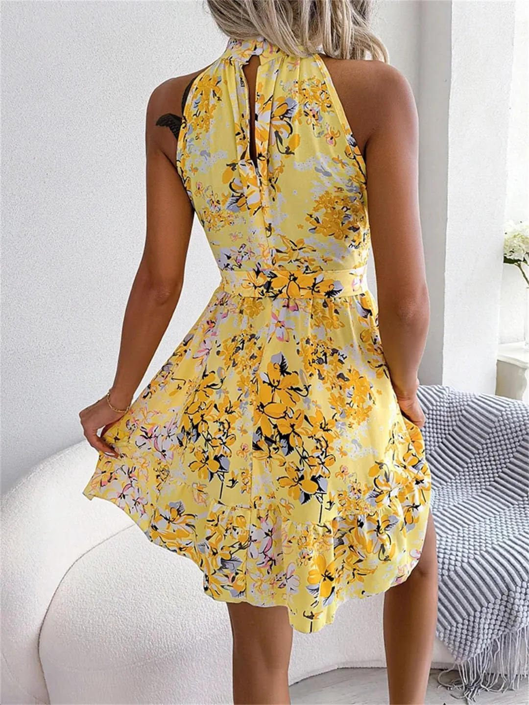 Women Floral Print Off Shoulder Mini Dress with Sashes Beach Casual Style Bohemian Dress