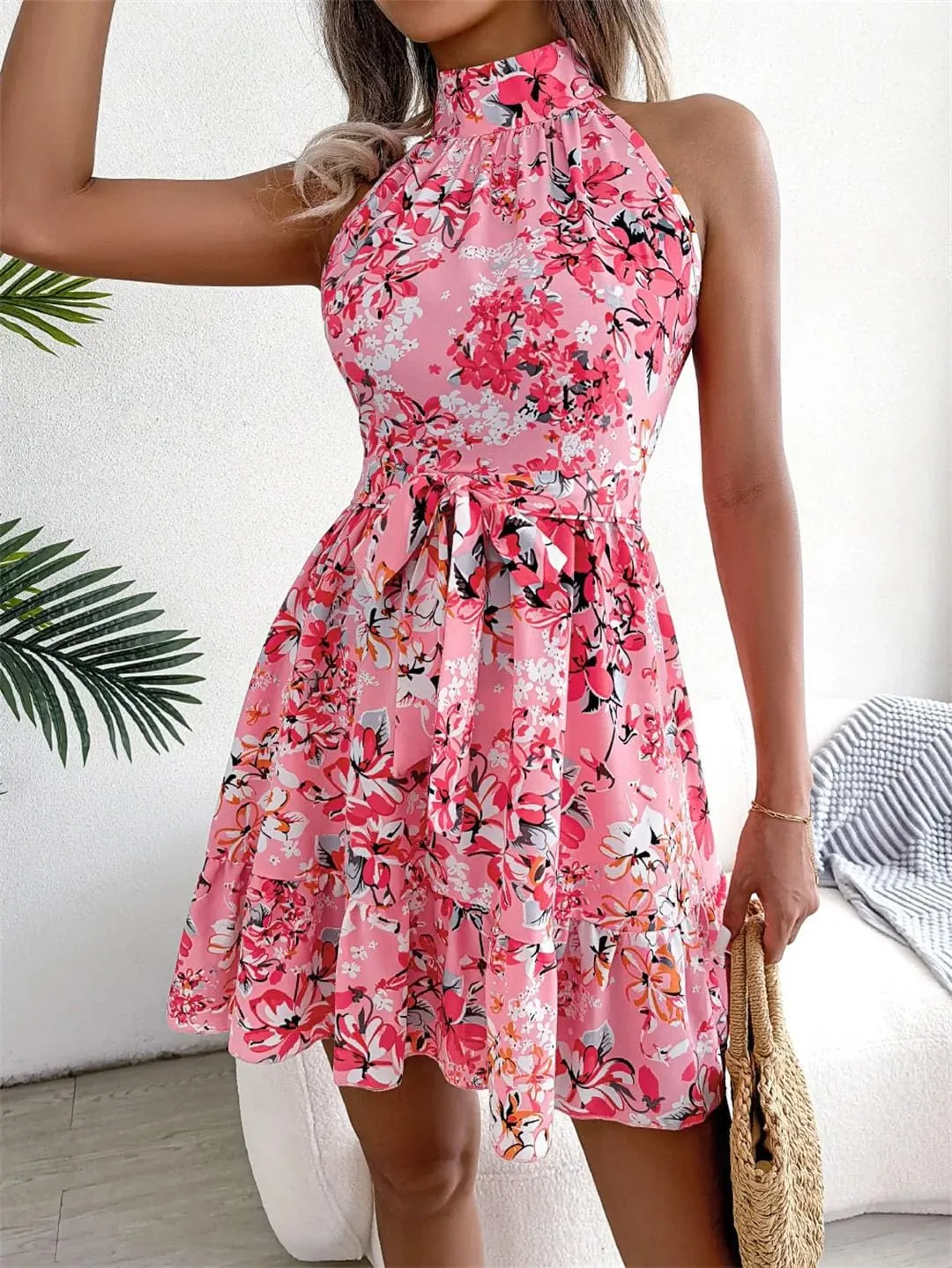 Women Floral Print Off Shoulder Mini Dress with Sashes Beach Casual Style Bohemian Dress