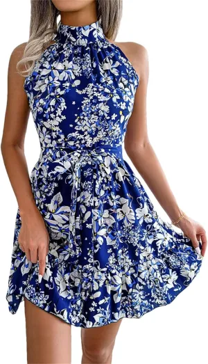 Women Floral Print Off Shoulder Mini Dress with Sashes Beach Casual Style Bohemian Dress