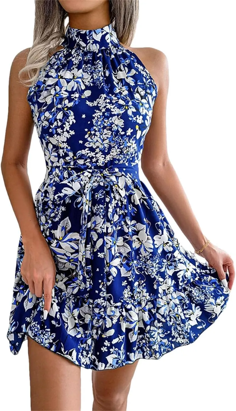 Women Floral Print Off Shoulder Mini Dress with Sashes Beach Casual Style Bohemian Dress