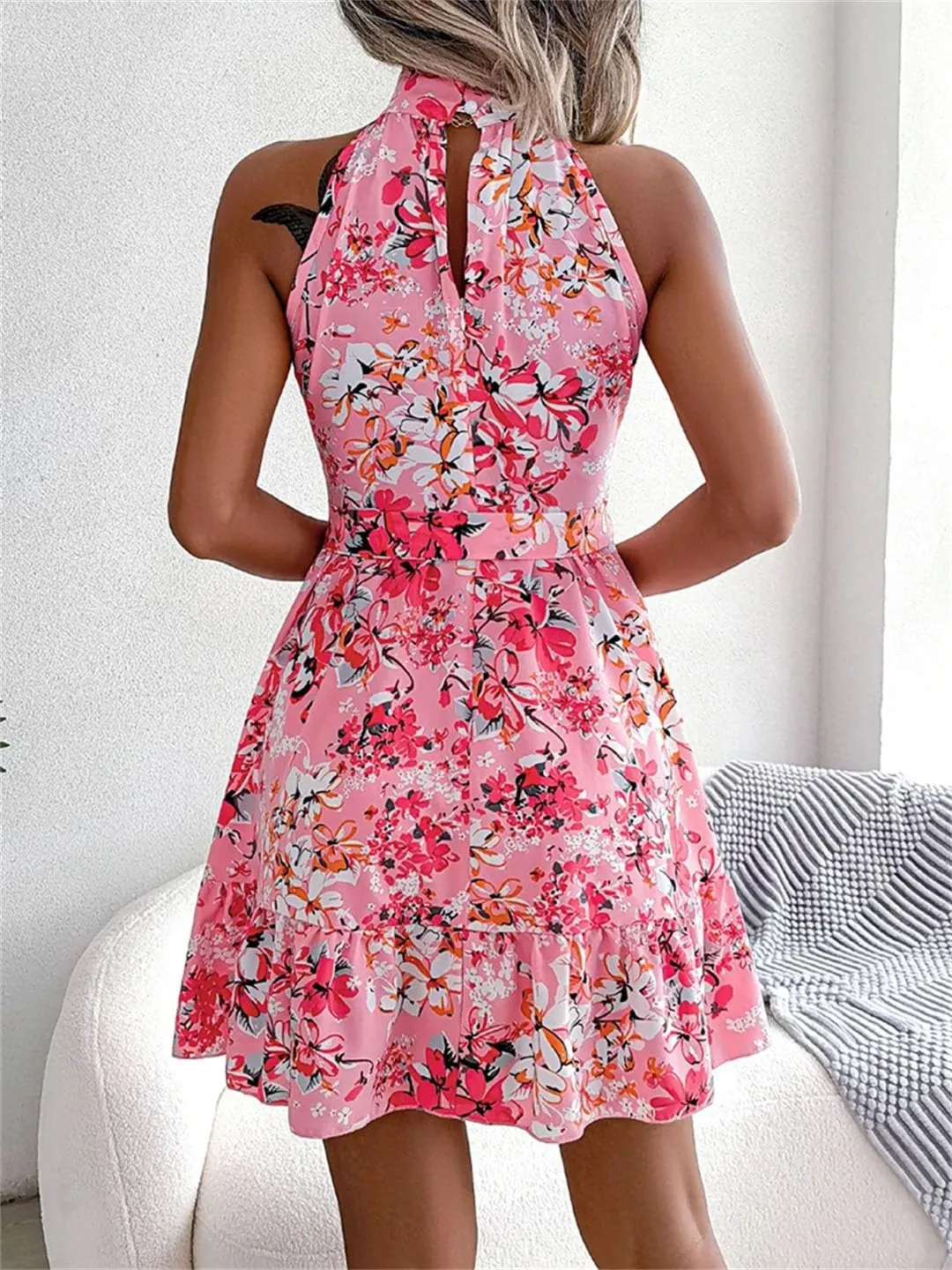 Women Floral Print Off Shoulder Mini Dress with Sashes Beach Casual Style Bohemian Dress
