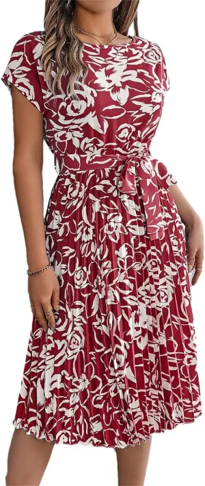 Women Floral Short Sleeve O-Neck Pleated Mini Dress with Sashes Casual Slim Fit Bohemian Dress