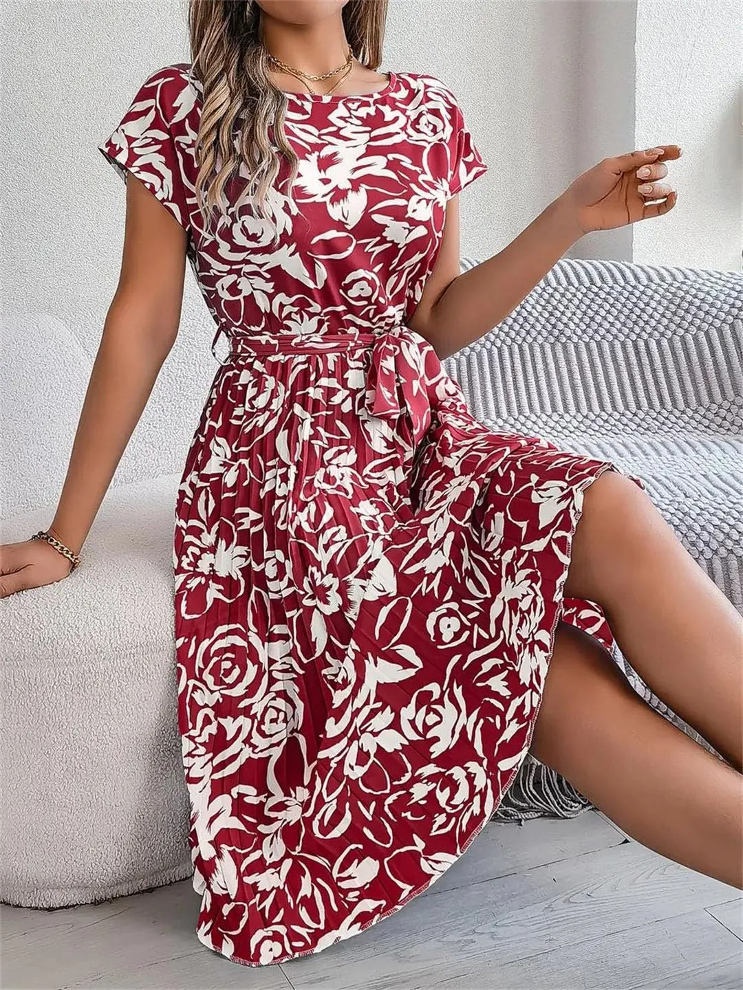 Women Floral Short Sleeve O-Neck Pleated Mini Dress with Sashes Casual Slim Fit Bohemian Dress