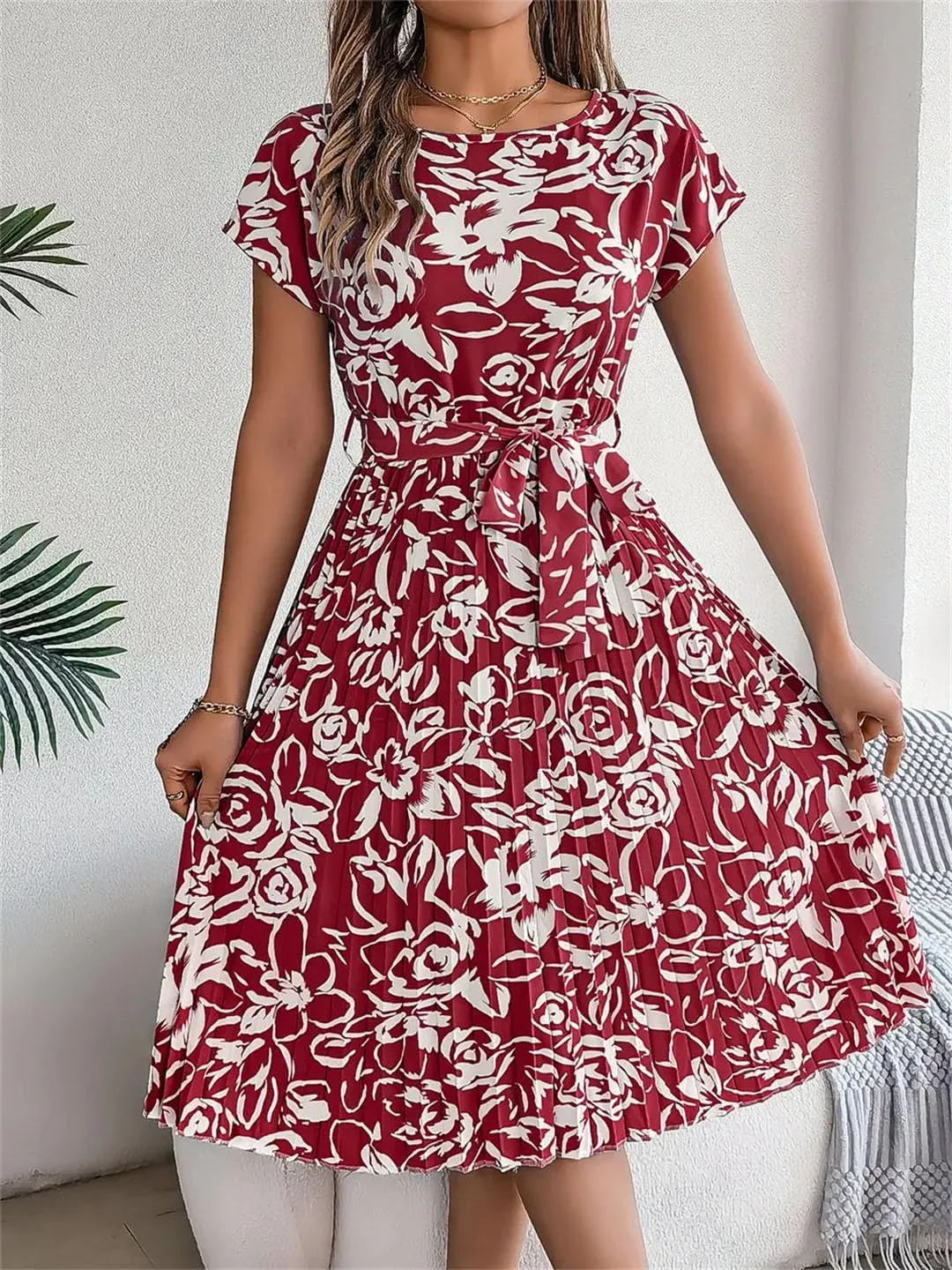 Women Floral Short Sleeve O-Neck Pleated Mini Dress with Sashes Casual Slim Fit Bohemian Dress