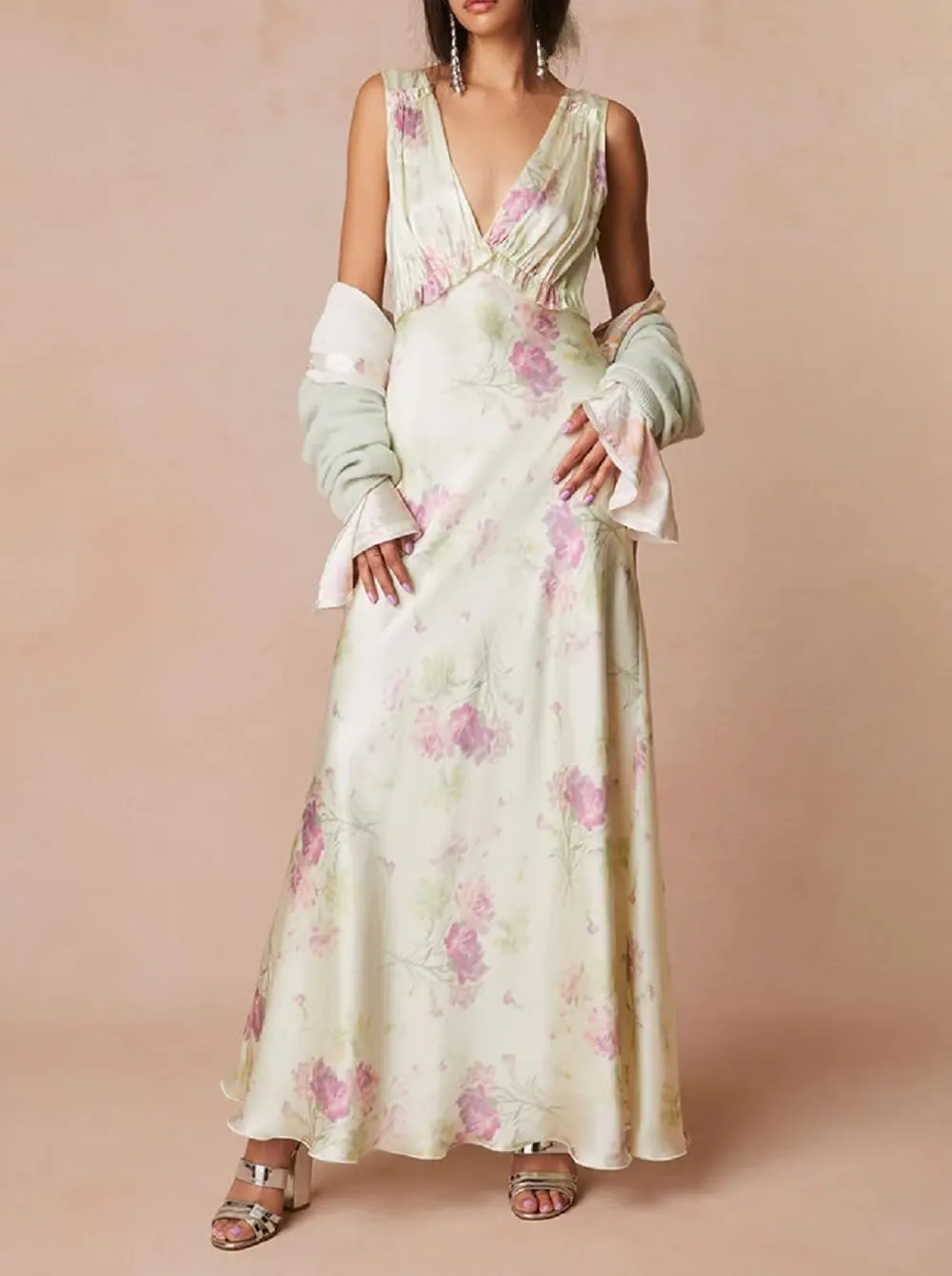Women Floral V Neck Long Dress Boho Backless Long Dress Lace Trim Going Out Dress Y2K Summer Beach Dress