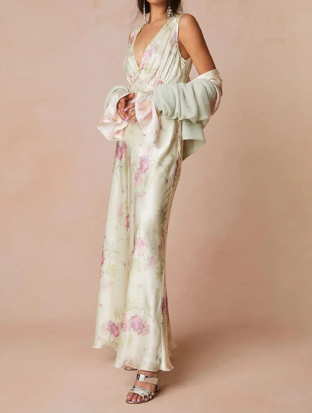 Women Floral V Neck Long Dress Boho Backless Long Dress Lace Trim Going Out Dress Y2K Summer Beach Dress